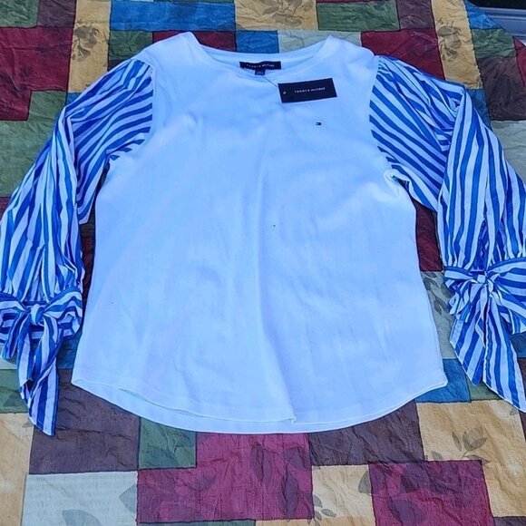 RTL $69 Tommy Hilfiger Long Blue Striped Puffy Sleeve White 100% Cotton SzL Top - Picture 4 of 9